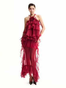 Elegante abito da donna con scollo a V lungo arruffato in Chiffon lavorato a maglia alla moda per le <span class=keywords><strong>vacanze</strong></span> invernali in tinta unita - Product Image 6