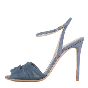 Sandalias de tacón de aguja con punta abierta de gamuza azul polvo y tul para mujer, con correa de tobillo de malla transparente, elegantes y románticas para bodas, galas y citas, venta al por mayor. - Product Image 2