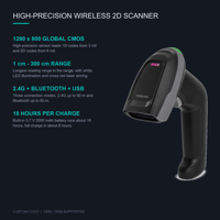 Scanner de codes-barres 2D sans fil haute précision 1D+2D 1280x800 CMOS 3mil USB 2.4G Bluetooth 1cm-300cm 18H IP52 X-1501394