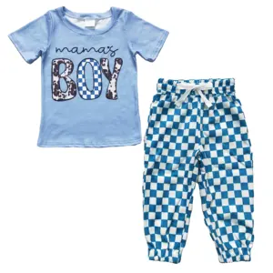 ベビー服セットブルーTシャツキッズアパレルママの男の子チェック柄パンツ幼児の女の子の衣装子供服
