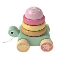 Tortuga de madera Mano Push Pull Cart Cuerda Juguete Rompecabezas para niños Torre de apilamiento Push Pull Toy