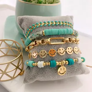 SL23122 Hot Selling Bohemian Colorful Polymer Clay Beaded Brass Bracelet Trendy Gold Plated Smiley Face Copper Alloy Bracelet