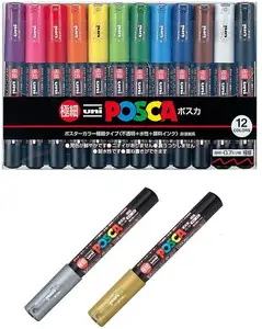 Uni-Posca Paint Marker Pen Set, Mitsubishi Pencil Posca Poster Colour Marking Pens Extra Fine Point - Set of 12 (PC-1M12C)