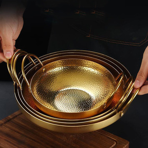 Poêle à <span class=keywords><strong>paella</strong></span> coréenne en acier inoxydable à double oreille pour fruits de mer secs et ramen avec ustensiles de cuisine en métal doré et argent - Product Image 4