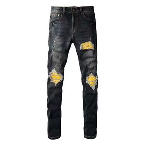 Jean en denim déchiré de créateur pour homme, coupe slim, patchwork, jambe droite, délavé, avec patchs, taille mi-haute, en coton, décontracté - Product Image 5