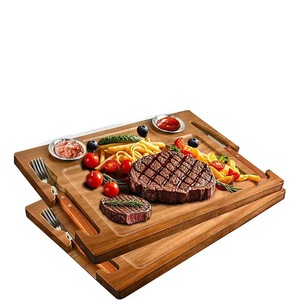 Planche à découper en bois d'acacia rectangulaire, plateau à steak en bois massif avec rangement pour couteau et fourchette, couleur rétro, planche à découper double face - Product Image 3