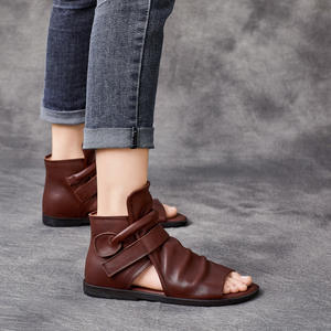 Botas Romanas Casuales de Verano y Primavera, Hechas a Mano, de Piel Vacuna, Estilo Casual, con Suela Plana, de Caña Alta, con Velcro y Punta Abierta - Product Image 2