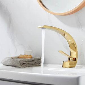 Rubinetto da Bagno a Cascata Curvo Placcato Oro, <span class=keywords><strong>Miscelatore</strong></span> Monocomando Caldo/Freddo con Valvola in Ceramica per <span class=keywords><strong>Lavabo</strong></span> - Product Image 2