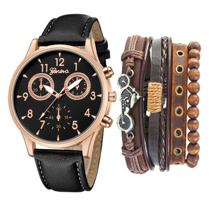 Ensemble de montres à quartz décontractées à la mode pour hommes, <span class=keywords><strong>bracelet</strong></span> en cuir de vachette tissé à deux cercles, 5 pièces/ensemble, type d'entreprise avec affichage du <span class=keywords><strong>cadran</strong></span> et pointeur - Product Image 2