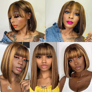 Làm Nổi Bật Tóc Giả Bằng Tóc Mái Brazil Thẳng Ngắn Bob Fringe Wig Tóc Vàng Nâu Mix Full Machine Made - Product Image 3