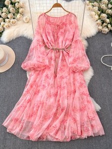 Vestido Largo de Gasa con Cuello Redondo y Estampado Floral, Estilo Primavera-Otoño, Elegante y con Atitude, Ideal para la Hora del Té - Product Image 6