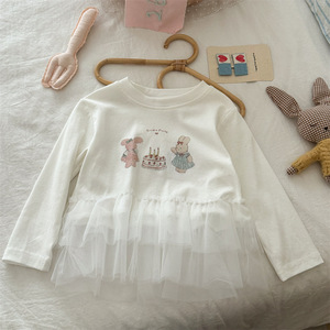 Tongxingyuan Baby Girls Long Sleeve T-Shirt With Lace Hem Cartoon Print Breathable Spring Autumn Top - Product Image 1
