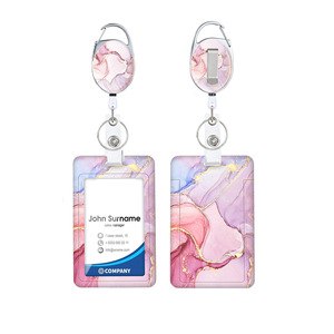 Wholesale pink marble double-sided UV printed back clip oval easy-pull buckle vertical push-fit <b>ID</b> card <b>holder</b> - Product Image 1