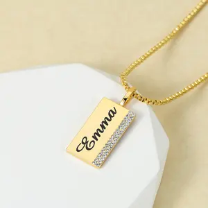 New Trend Personalised Engraved Text Stainless Steel Pendant Box Chain Custom Bar Name Necklace For Women Men