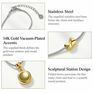 Collier pendentif rond bicolore en acier inoxydable plaqué or 14 carats sous vide avec chaîne serpent - Product Image 3