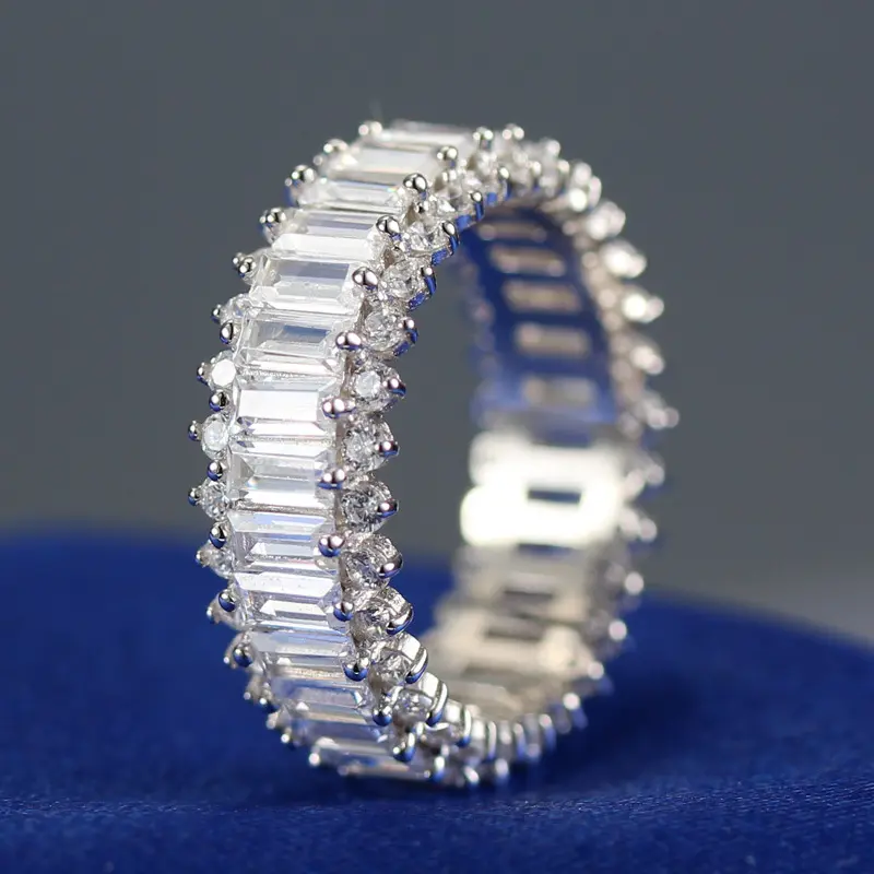 US JEWELS Simple Fancy 925 Sterling Silver High Quality Cubic Zirconia CZ Baguette Diamond Eternity Ring For Women