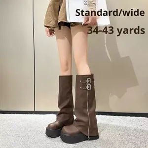 Bottes d'équitation mi-<span class=keywords><strong>mollet</strong></span> <span class=keywords><strong>pour</strong></span> femme, style coréen, avec semelle épaisse en caoutchouc, <span class=keywords><strong>pour</strong></span> l'automne 2025, grandes tailles et petites tailles - Product Image 1