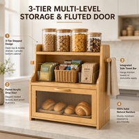 Meuble de rangement en bambou à 3 niveaux, organisateur de comptoir avec porte en acrylique cannelée, étagère ouverte et barre porte-serviettes latérale pour cuisine et bar à café