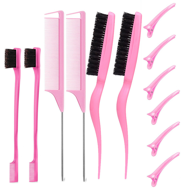 12PCS Hair Styling Brush Set Double Sided Edge Brush Rat Tail Comb Fluffy Hair Styling Tools com 6pcs Hair Clips