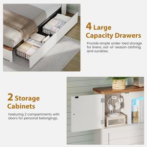 Cadre de lit en bois blanc moderne sur mesure, taille standard, avec tête de lit bibliothèque, lumières LED, station de recharge, 4 tiroirs de rangement - Product Image 5