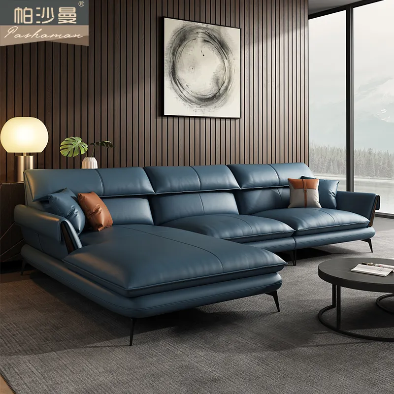 Sofá de canto de couro moderno, sofá de canto simples de couro de luxo italiano sofá de canto azul em forma de l