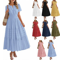 Robe longue plissée à col en V et manches courtes pour femme, taille plus, respirante, coupe trapèze, texture verticale, idéale pour les vacances d'été (OEM/ODM)