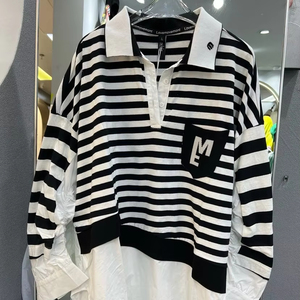 0652/Chemise décontractée en maille tricotée, style littéraire automnal, <span class=keywords><strong>grande</strong></span> <span class=keywords><strong>taille</strong></span>, coupe ample, finition irrégulière, respirante, motif imprimé tissé - Product Image 1