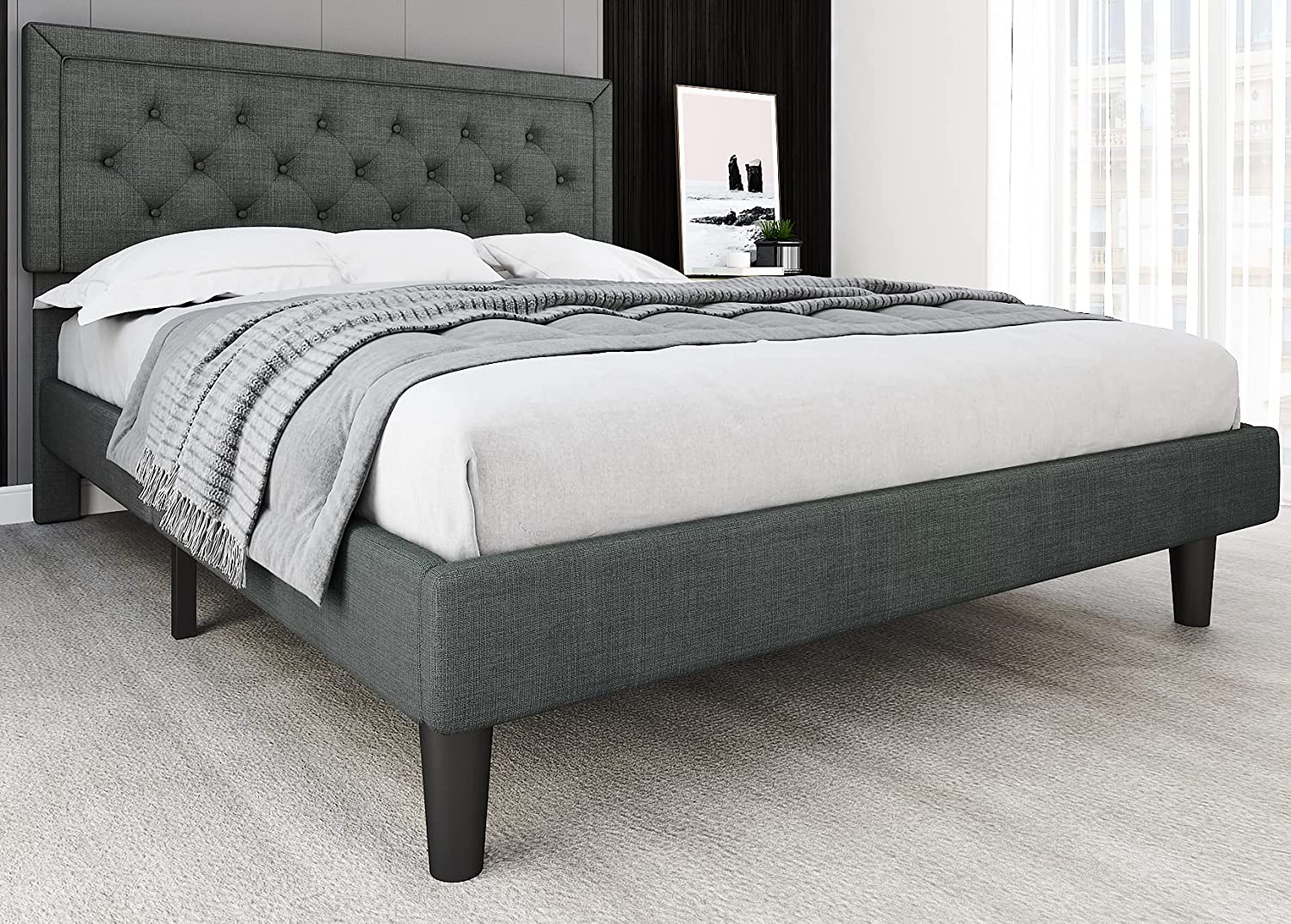Luxury Upholstered Modern Platform King Size grey storage leather fabric Bed Frame