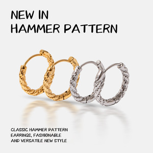 Hoop Earrings 14K Gold Stainless Steel Hammered Classic Design Unisex Jewelry - Product Image 4