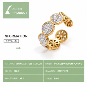 Gold Adjustable Zircon <b>Ring</b> <b>Stainless</b> <b>Steel</b> 14K Gold Vacuum Plated Round Disc Open Band Jewelry - Product Image 2