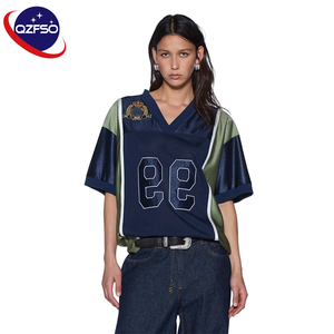 QZFSO Custom Hip Hop Vintage Streetwear Soccer <b>Top</b> Print V-neck Mesh Satin Panel Loose Training Women American Football Jersey - Product Image 1