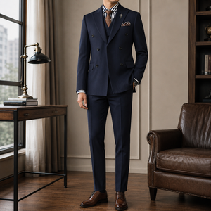 Completo da Uomo Slim Fit <span class=keywords><strong>Blu</strong></span> Navy a Righe Sottili <span class=keywords><strong>Doppiopetto</strong></span> per Matrimonio, Ballo di Fine Anno, Cerimonia, Sposo, Testimone, Eventi Speciali, Gala, Spettacoli - Product Image 3