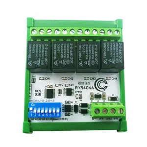 Ryr404a dc 12v 24v 4 canais modbus RTU RS485 DO módulo de relé interruptor dip configuração parâmetros com caixa din para câmera cctv PTZ