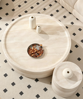 Ensemble de table basse moderne en faux travertin crème, table centrale ronde en résine avec table d'appoint assortie pour le salon