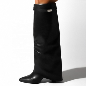 Women Solid Long <b>Boots</b> Fashion Overlay Pointy Toe Knee High Booties for Teens Autumn Winter High Chunky Heels Shoes - Product Image 2