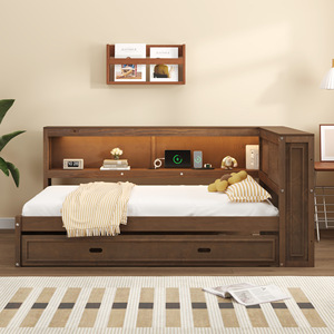 Walnut Wood <b>Sofa</b> <b>Bed</b> L Shape With Led Light Storage Convertible Bedroom Furniture - Product Image 2