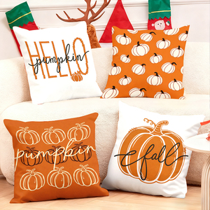 Những chiếc gối trang trí hình bí ngô mùa thu tạo điểm nhấn cho bộ ghế sofa phòng khách ấm cúng với các chi tiết trang trí lễ hội. - Product Image 1