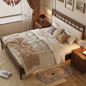 Cama de plataforma de madera maciza de estilo retro americano con cabecero suave para dormitorio principal - Product Image 3