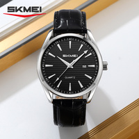 Montre Skmei 2490 pour homme, luxe, business, simple, mode, cuir véritable, mouvement à quartz or argent, verre à aiguilles 43,7 mm, 3 ATM