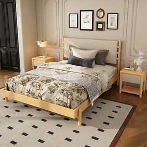 Modern Queen <b>Bed</b> <b>Frame</b> Set with 2 Nightstands Beige <b>Platform</b> <b>Bed</b> Headboard Convertible Adjustable Height Hotel Bedroom Furniture - Product Image 1