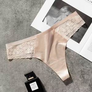 Women's <b>Seamless</b> <b>Thong</b> Underwear Solid Lace Trim Low-Rise <b>Thong</b> Panties Breathable Ice Silk Women G String Underpants Wholesale - Product Image 1