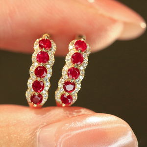 Aazuo, joyería de lujo de 18 quilates, oro amarillo macizo, rubí natural, diamantes reales, pendientes con gancho de flor a la moda, regalo para damas, uso diario - Product Image 4