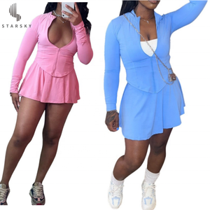 2024 recién llegados Athleisure cintura ajustada manga larga falda acampanada chándales para mujeres conjunto de dos piezas - Product Image 1