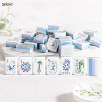 Tuiles de Mahjong américaines en acrylique bleu ciel dégradé, motif minimaliste de plante de lotus orientale, jeu de table