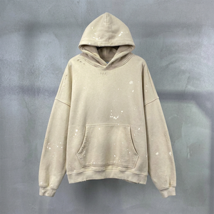 2024 Streetwear Casual Knitted Fleece Hoodie Distressed 100% Cotton Washed Black Baggy Fit <b>Dropped</b> Shoulder Printed Logo Solid - Product Image 1