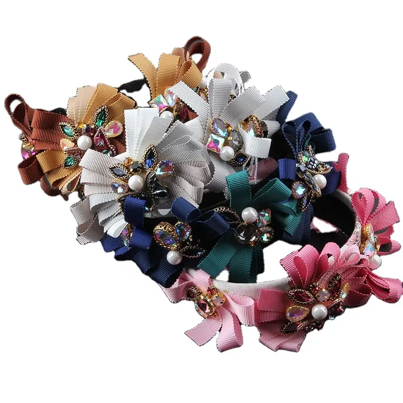 New Fashion Cloth Pastoral Style Bow Inlaid Rhinestone Colorful Hair Hoop Ladies Party Hair Accessories Bride Headband 76
