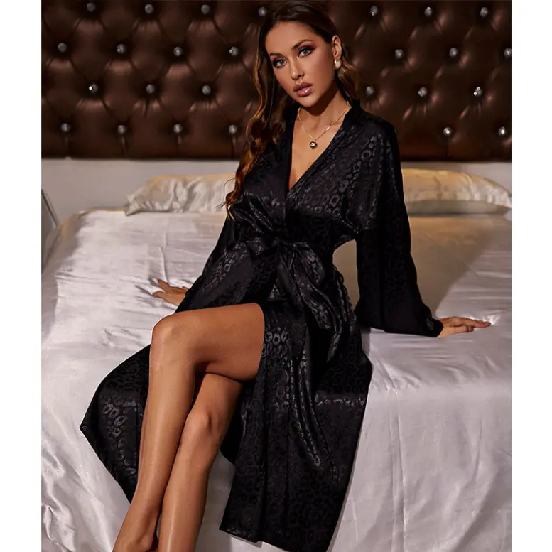 Leopard Jacquard Satin Silk Summer Ladies Bathrobes Sleep Wear Long Sleeve Robes Nightwear Nightgown Pajamas Black Women Gown