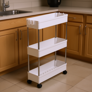 Étagère mobile à 3 niveaux, en acier inoxydable, chariot de rangement en plastique blanc, organisateur pour cuisine et buanderie, idéal pour les espaces étroits - Product Image 2