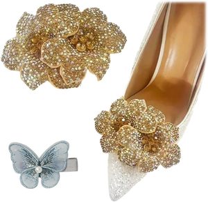 Clips para zapatos con diamantes de imitación, adorno de doble flor para zapatos, hebilla extraíble para zapatos, clips brillantes para zapatos de mujer, decoración dorada - Product Image 1