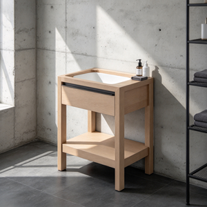 Minimalist Solid Wood <b>Bathroom</b> Vanity Two <b>Drawers</b> Floor Standing Rectangular Light Finish Vanity Mirror Included Ceramic Basin - Product Image 4